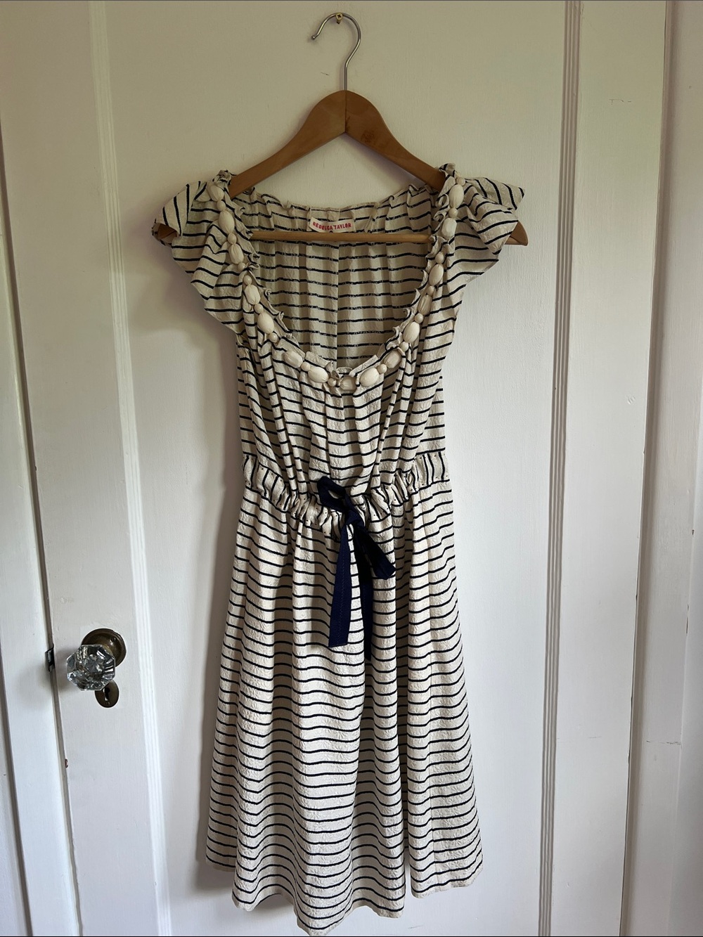Rebecca Taylor 100% Silk Ivory & Navy Striped Tie-Waist Midi Dress